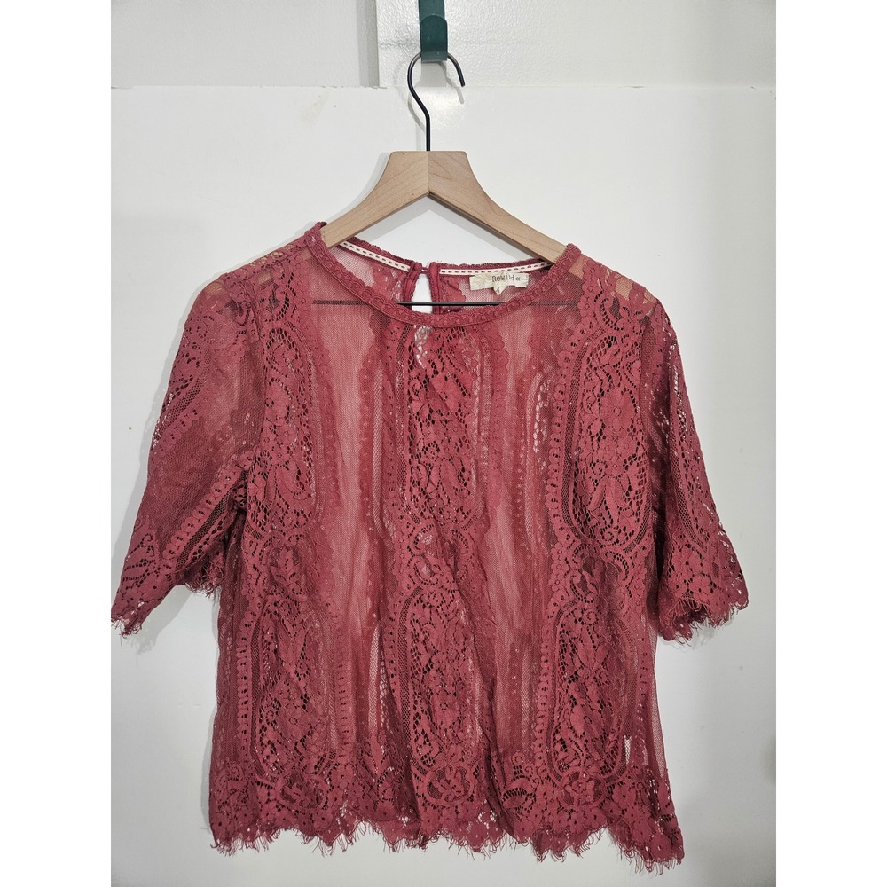 Rewind Womens XL Dusty Rose Floral Lace Sheer Boho Top Short Sleeve Keyhole Back